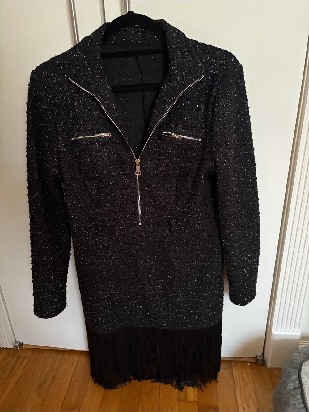 Black Fringe Hem Zip-Front Women's Jacket